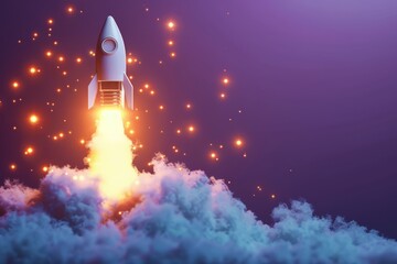 A rocket is launching into space with a brigh, light bulb taking off like a rocket, purple background 