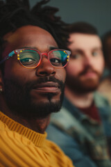 Obraz premium Confident young man with colorful glasses in focus, sitting among audience, wearing a mustard sweater, attending an event or seminar