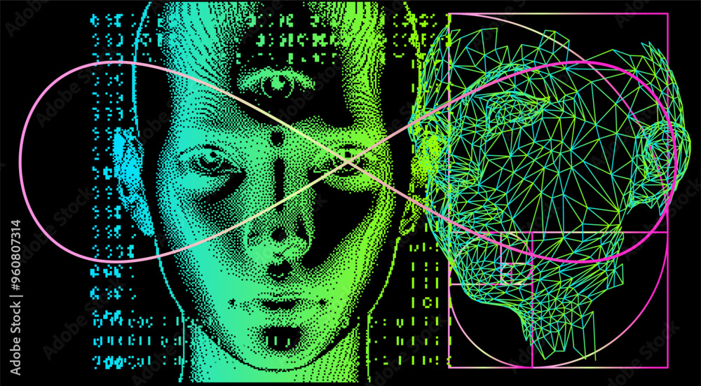Poster pixel art of two female faces on a background with glitchy pixels. futuristic illustration on the th