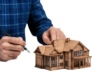 A hand sketches a wooden house model, showcasing creativity and architectural design concepts for construction projects.