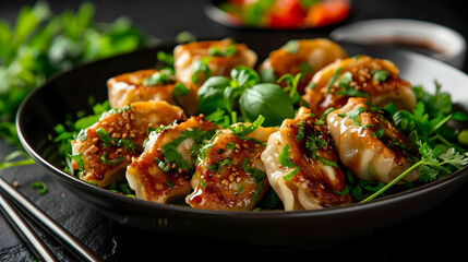Fototapeta premium Gyoza Japanese Dumplings Plate Dark Stone