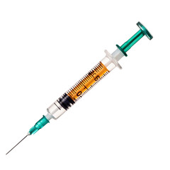 Close-up of a medical syringe filled with orange liquid, isolated on transparent or white background.