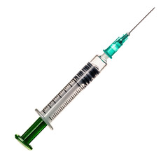 A detailed illustration of a medical syringe with a vibrant green cap, designed for healthcare and pharmaceutical themes. Isolated on transparent or white background.