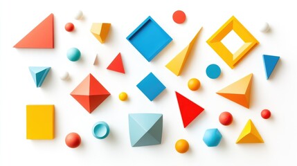 Colorful geometric shapes in various sizes--triangles, rectangles, pentagons, hexagons--arranged on a clean white background