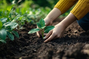 Person planting a green plant in the soil
