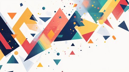 Fototapeta premium Dynamic geometric shapes cascading by size, featuring triangles, rectangles, pentagons, and hexagons on a white backdrop