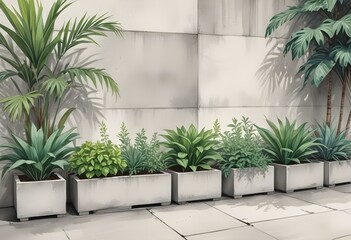 A modern concrete wall with potted plants in the foreground, surrounded by lush greenery and a wooden walkway