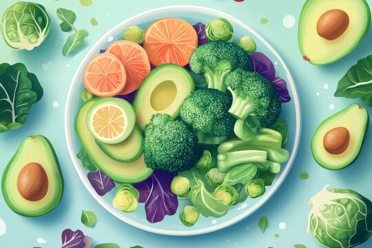 Digital illustration of a vibrant plate of folate rich foods. a colorful mix of vegetables like broccoli, Brussels sprouts, and avocado, health and nutrition