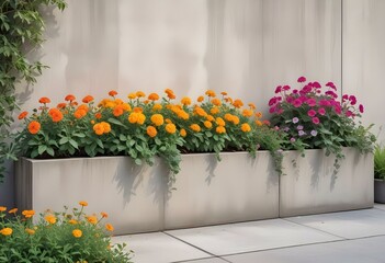 A modern concrete wall with potted plants in the foreground, surrounded by lush greenery and a wooden walkway