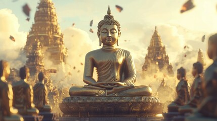 Obraz premium Many golden Lord Buddha images, sorted by size, with a dynamic realistic backdrop of a peaceful temple