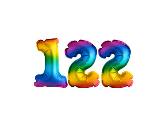 Multicolored balloon for number 122 celebration. Happy birthday on white background