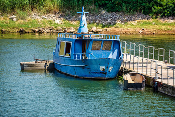 Wooden, old, traditional Greek boats on Lake Kerkini in Greece.