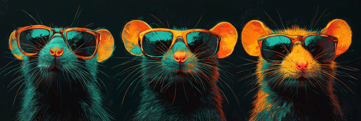 Three rats wearing sunglasses look cool and stylish.