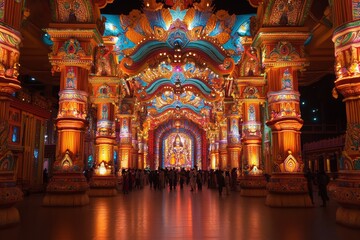 Obraz premium beautifully decorated Dussehra pandal temporary pavilion featuring intricate artwork and lighting. grandeur of the festival, with traditional decorations and a large crowd enjoying the festivities