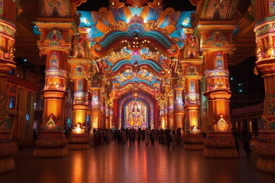 beautifully decorated Dussehra pandal temporary pavilion featuring intricate artwork and lighting. grandeur of the festival, with traditional decorations and a large crowd enjoying the festivities