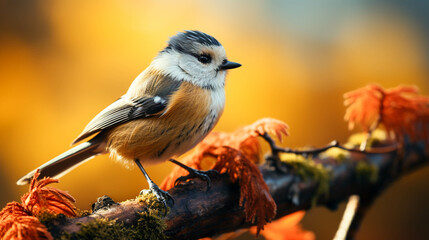 A small tit perching on a branch closeup view