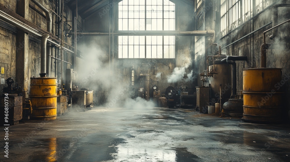 Canvas Prints Industrial Factory Interior with Steam and Barrels