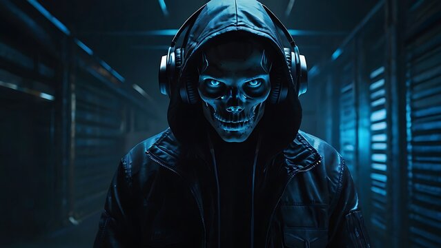 Hooded hacker cyberpunk blue style with headphones, dark blue themed cyber thief