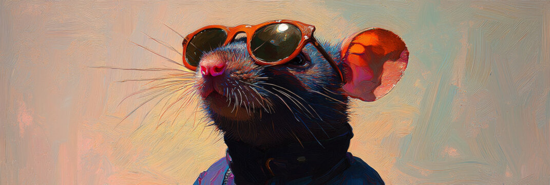 A black rat wearing sunglasses stares into the distance.