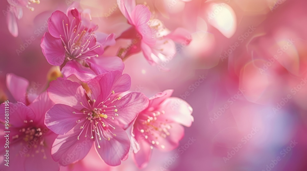 Sticker Photographing cherry blossoms in spring. Bright garden flowers. Sakura bloom backdrop. Vibrant colors in close-up.