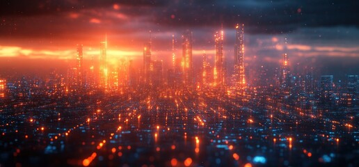 Fototapeta premium Futuristic cityscape with glowing lights and a fiery sunset sky.