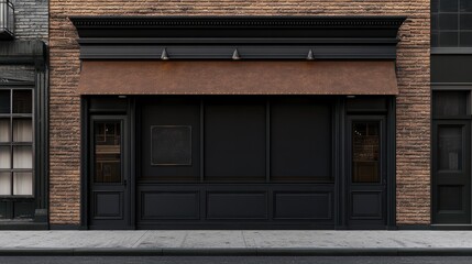 A black and brown shop front with large windows and brown awnings A black door is on the left side...