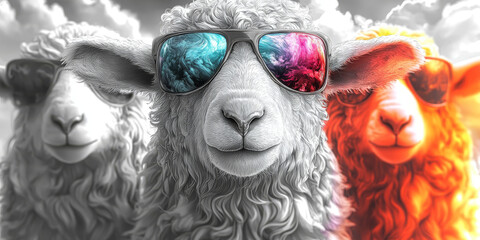 Three sheep wearing sunglasses, the middle sheep is in focus.