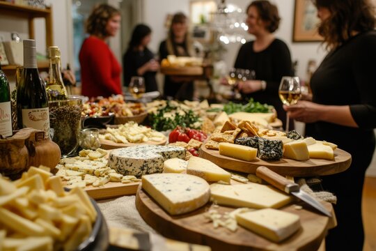 festive Italian cheese tasting event sampling different types of Italian cheese platters, wine glasses, and a convivial atmosphere enjoying the tasting experience in a beautifully decorated setting