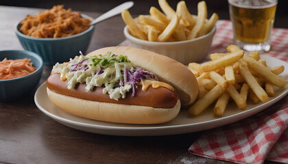hot dog with coleslaw on top and french fries on a plate