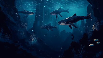 Obraz premium Underwater Scene with Whales and Bioluminescent Life