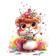 Fototapeta premium Cute Cartoon Squirrel Birthday Celebration with Cake and Confetti