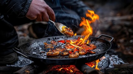 Campfire cooking with friends, rustic and social, Nature, Warm tones, Photograph, Outdoor meal