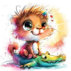 Obraz premium Cute Cartoon Lion Riding Crocodile Illustration
