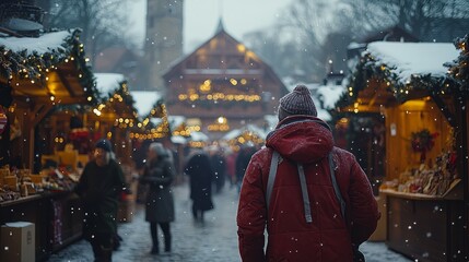 Obraz premium A charming vintage-style Christmas market with old-fashioned stalls, twinkling lights, and handmade crafts. People in traditional winter attire browsing through festive goods