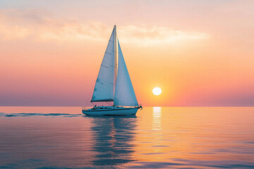 Sailboat gliding on calm water during a vibrant sunset with the sun reflecting on the ocean