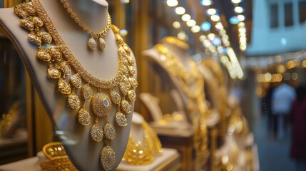 An up-close view of a boutique's display case in Manama, Bahrain, which sells gold necklaces and other jewelry - Powered by Adobe