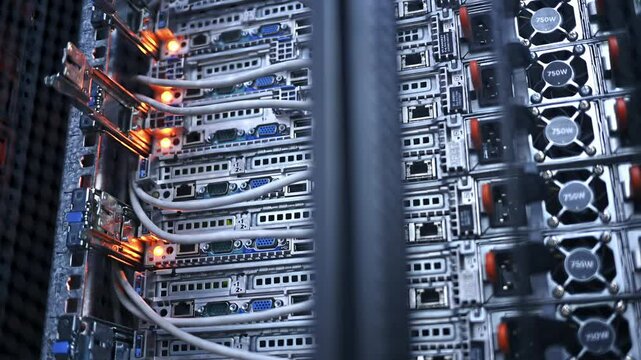 Close up of a rack-mounted server in data centre