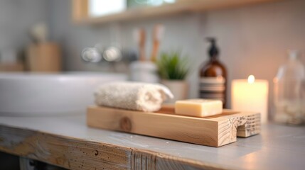 Wooden soap stand for bath products in a blurry bathroom