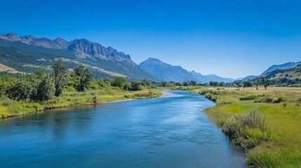 Scenic River Landscape with Lush Greenery and Majestic Mountain Views on a Clear Sunny Day