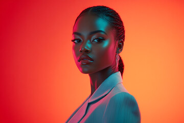 Trendy Woman Wearing Sequined Silver Suit with Solid Neon Coral Background Fashion Lifestyle Portrait, Chic