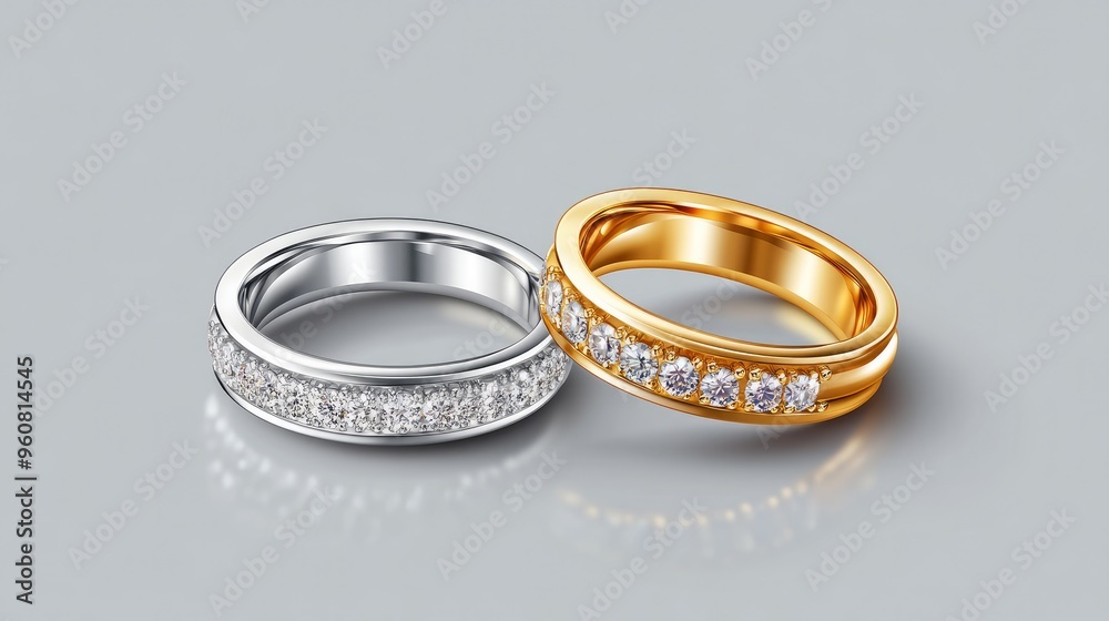 Wall mural on a gray background, a realistic vector illustration of wedding rings in gold and silver with preci