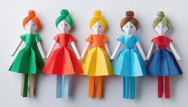 Group of multicolored paper dolls standing upright on a white surface.