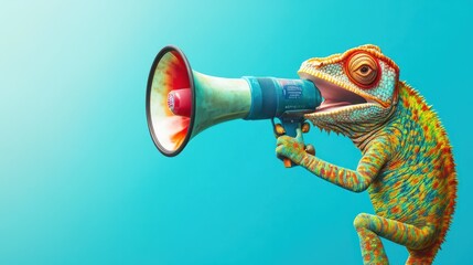 Chameleon holding. megaphone. Promotion, action, holiday, ad, job questions. Vacancy. Business discount concept, communication, information, news, team media