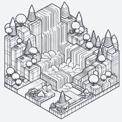 line art isometric illustration of waterfall