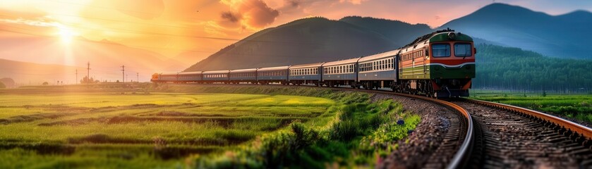 Obraz premium Train journey through scenic landscapes, dynamic and inviting, Rural, Soft greens, Photograph, Travel adventure