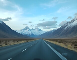 Straight asphalt highway stretching through a breathtaking natural landscape of snow-capped mountains, green meadows, and dramatic sky clouds