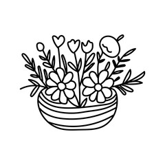 Vector black flowers vase icon, simple outline Hand-drawn Flowers bouquet image, botanical lines art flower, Minimalist contour drawing of flower pot. 