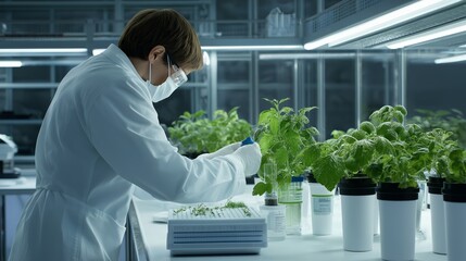 A scientist analyzing plant DNA samples in a sleek, modern lab. AI generated