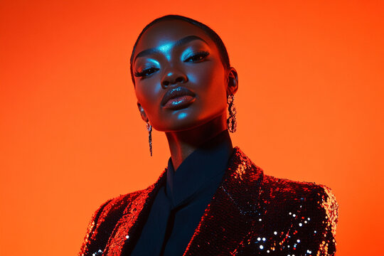 Woman in Sequined Navy Suit with Solid Neon Orange Background Fashion Lifestyle Portrait, Bold and Trendy