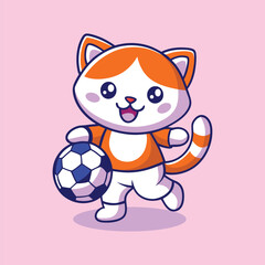 Cute Cat Playing With Football Cartoon Vector Icon Illustration. Isolated Flat Cartoon Style